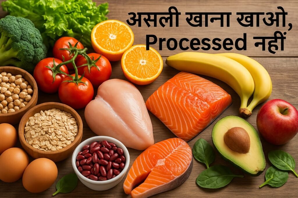 मेज़ पर रखे ताजे फल, सब्ज़ियाँ, अनाज और हेल्दी भोजन की प्लेट — “असली खाना खाओ, Processed नहीं”