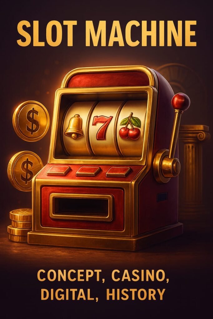 Realistic slot machine with reels and coins