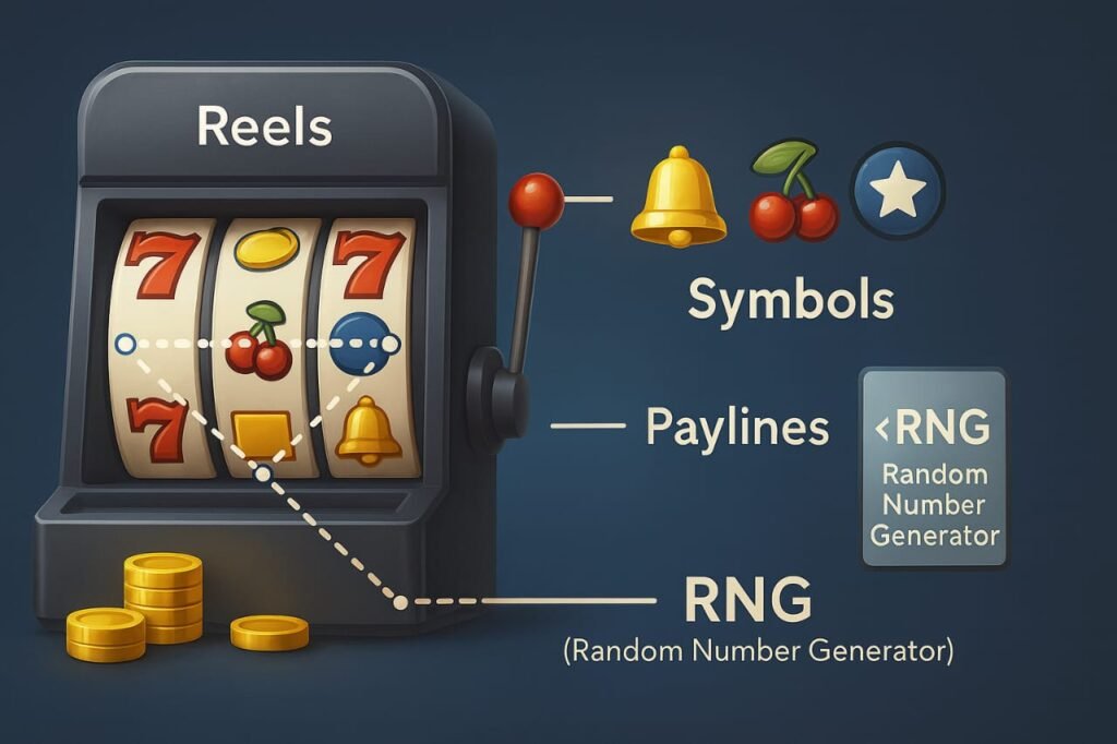 slot machine with reels, symbols, pay-lines and RNG diagram