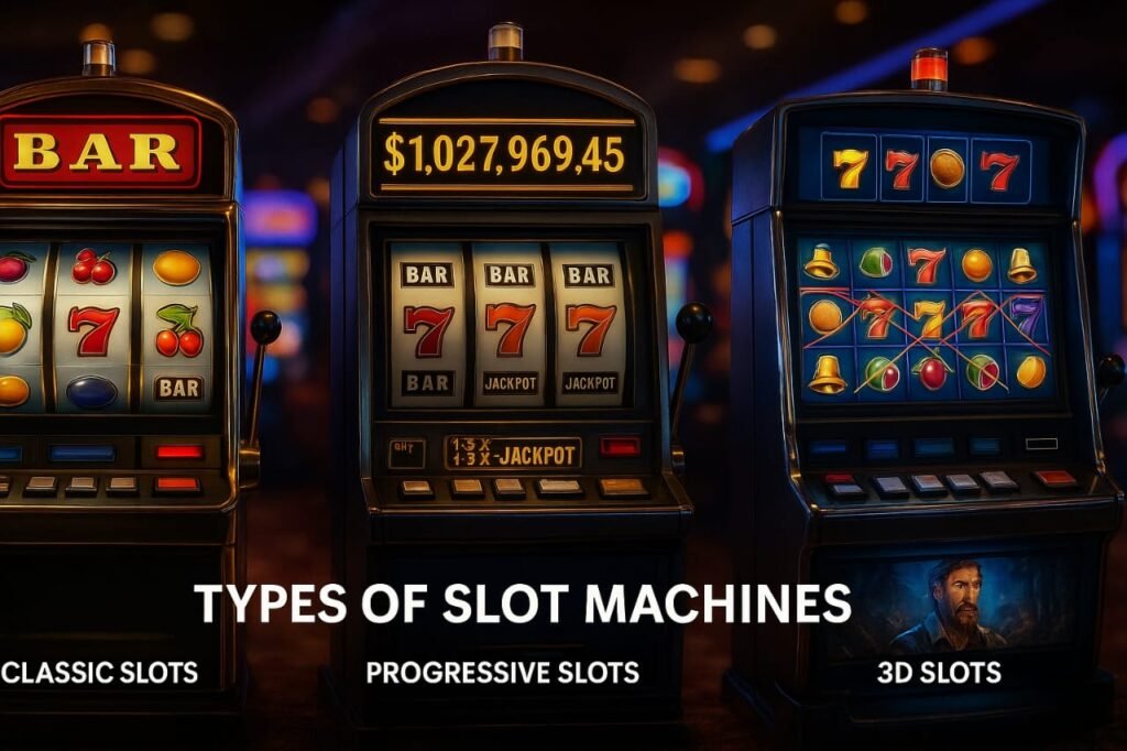 Different types of slot machines including classic, progressive and 3D in a casino