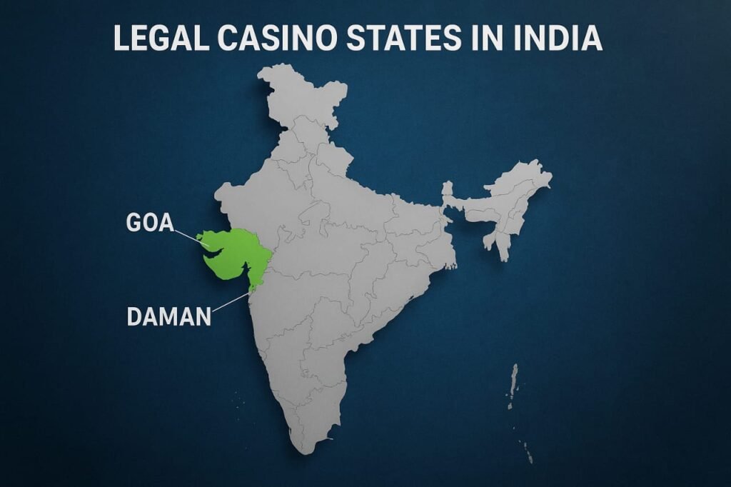 Map of India showing legal casino states Goa, Sikkim and Daman
