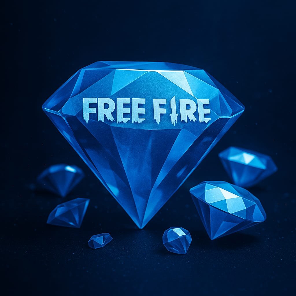 Free Fire diamond close-up glowing blue crystal.