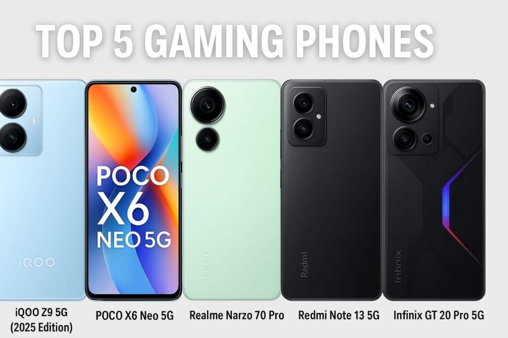 Top 5 Gaming Phones under 20000 featuring iQOO Z9 5G, Poco X6 Neo 5G, Realme Narzo 70 Pro, Redmi Note 13 5G and Infinix GT 20 Pro