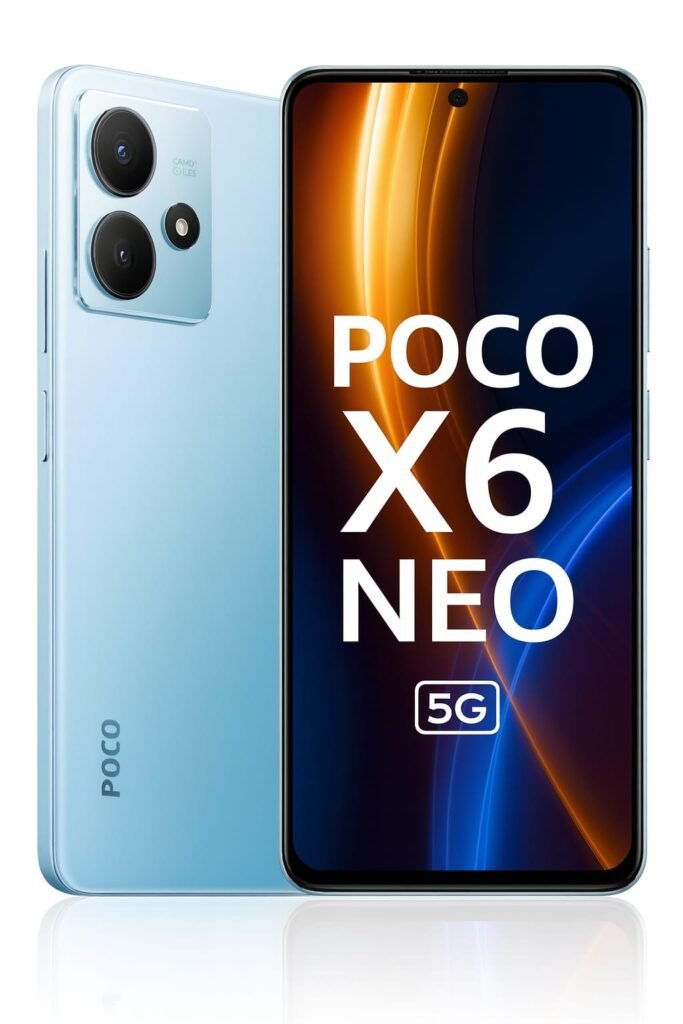 “Poco X6 Neo 5G smartphone front and back view in light blue with 64MP camera.”