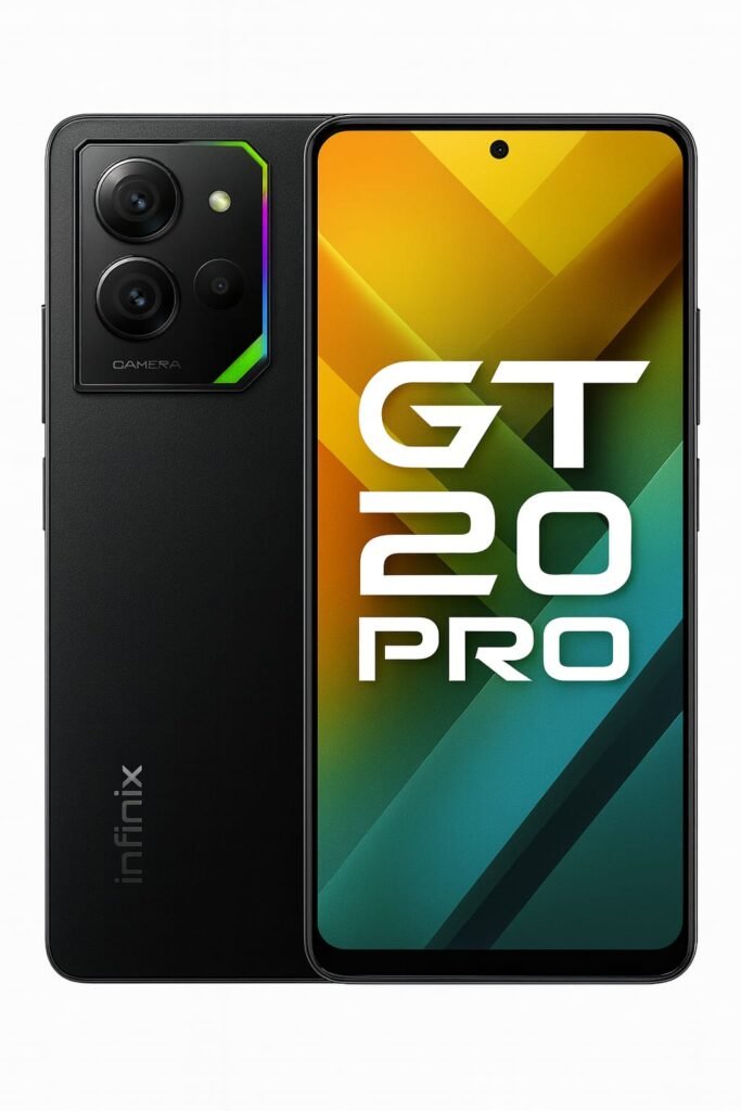 “Infinix GT 20 Pro 5G smartphone front and back with triple camera and RGB design.”