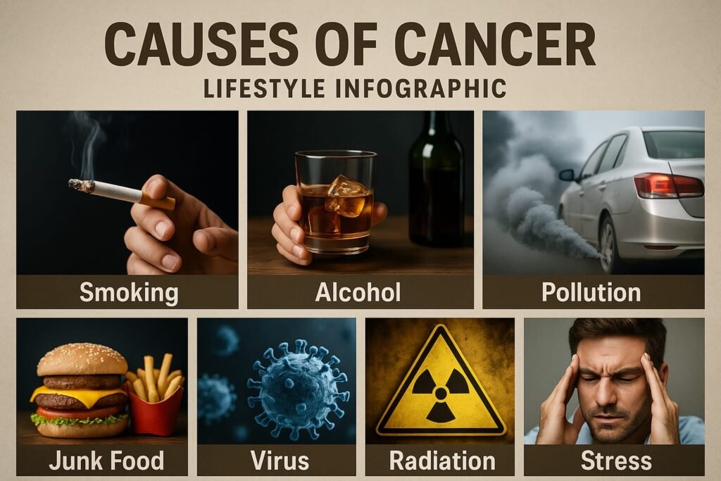 Realistic infographic of cancer causes: smoking, alcohol, junk food, pollution, virus, radiation, stress.