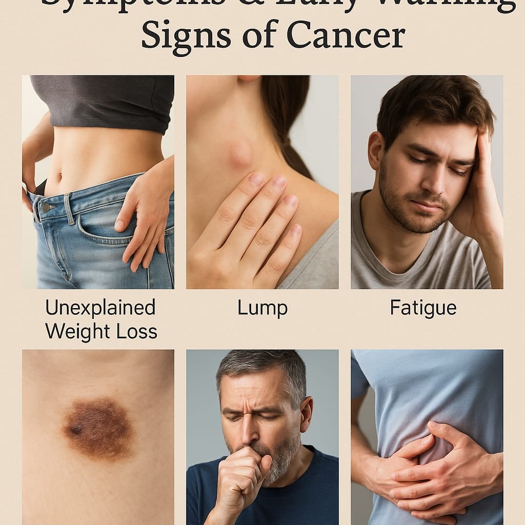 showing common cancer symptoms like weight loss, lump, fatigue, skin changes, cough and pain.