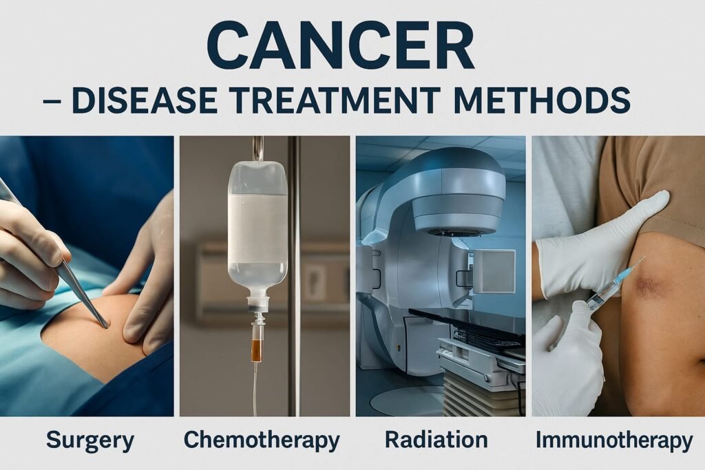 Cancer treatment methods – surgery, chemo, radiation, immunotherapy.