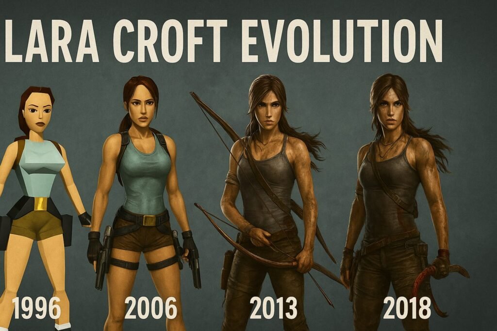Lara Croft's character evolution from 1996 to 2018 in the Tomb Raider series.