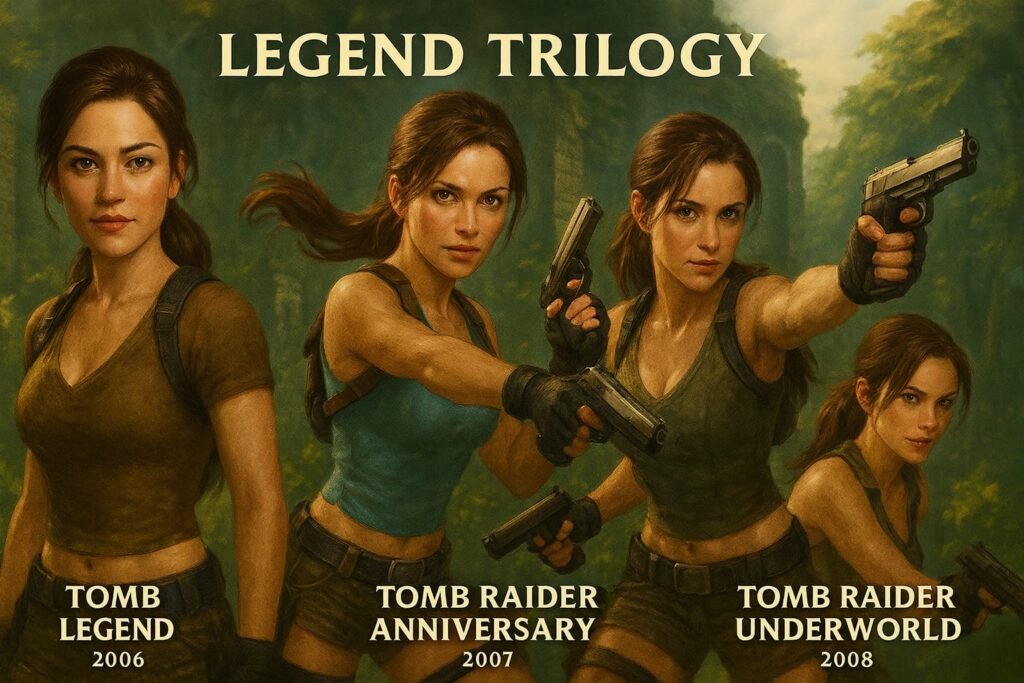Photorealistic portraits of Lara Croft from the Tomb Raider Legend Trilogy (2006–2008).