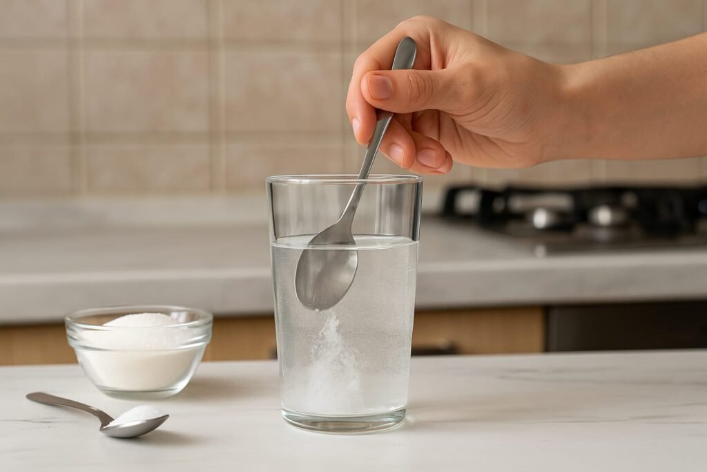 Loose motion me Ghar par ORS solution banate hue ek glass me cheeni aur namak milate hue haath.