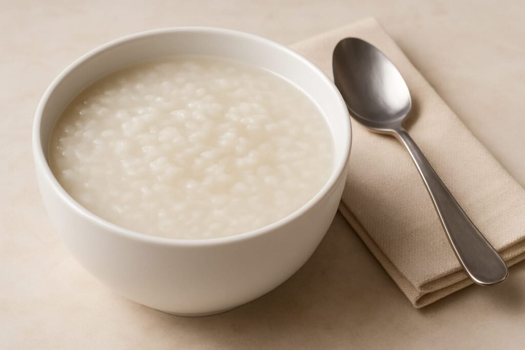 Bowl me garam chawal ka pani aur side me spoon rakha hai.