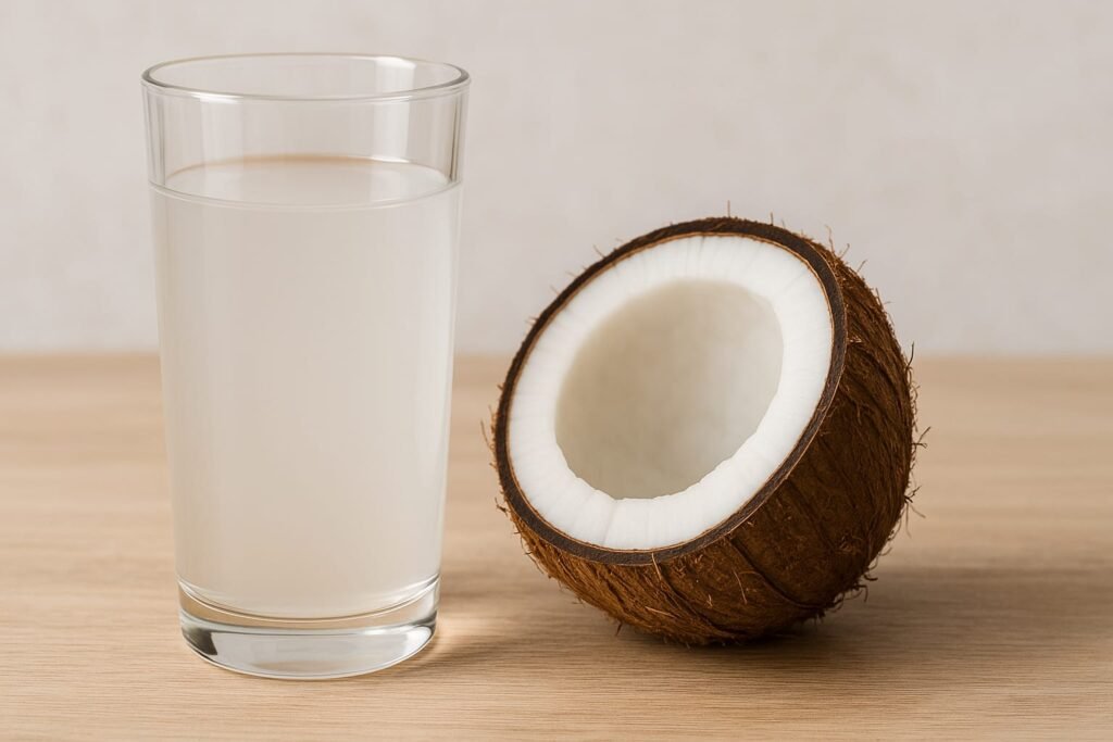 Ek glass me nariyal pani aur side me aadha nariyal rakha hai.