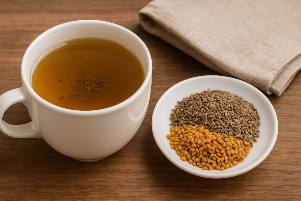 Ek cup me jeera pani aur plate me jeera aur methi dana rakha hai.