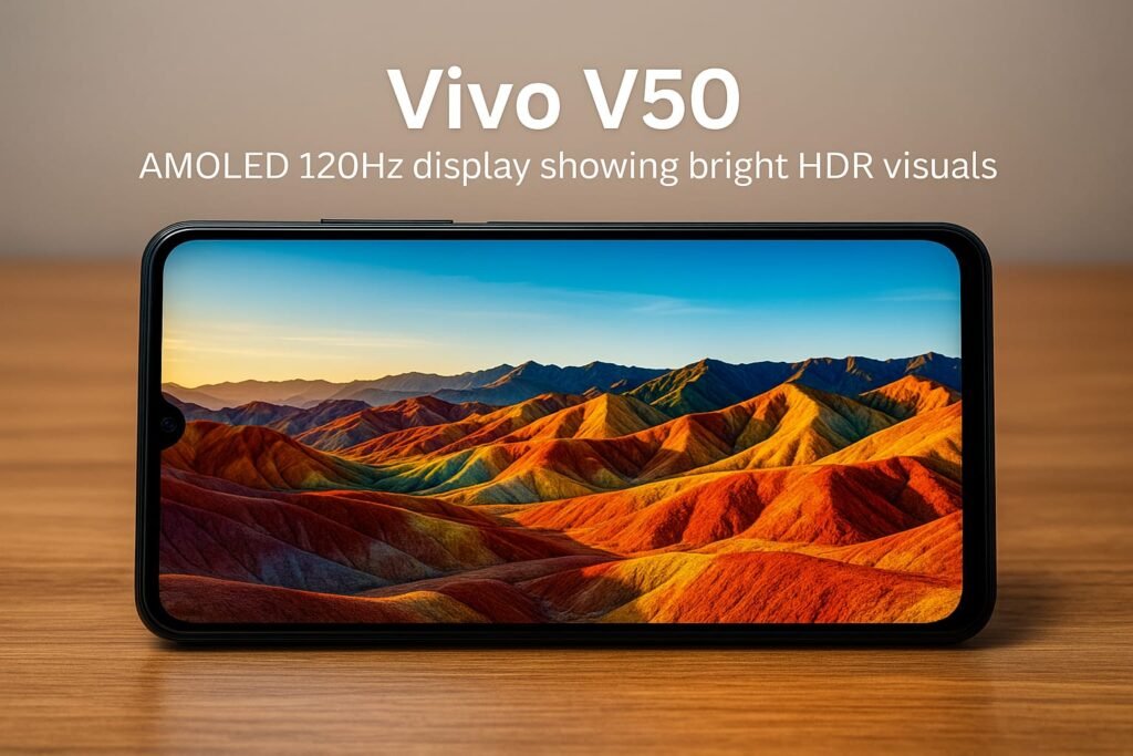 Vivo V50 AMOLED 120Hz display showing bright HDR visuals with vibrant landscape.