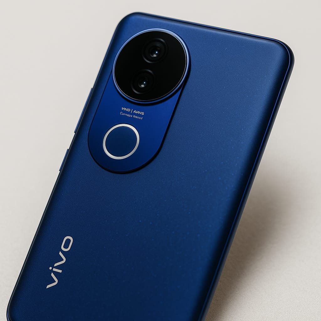 Close-up of Vivo V50 rear design showing dual camera setup and blue matte finish.