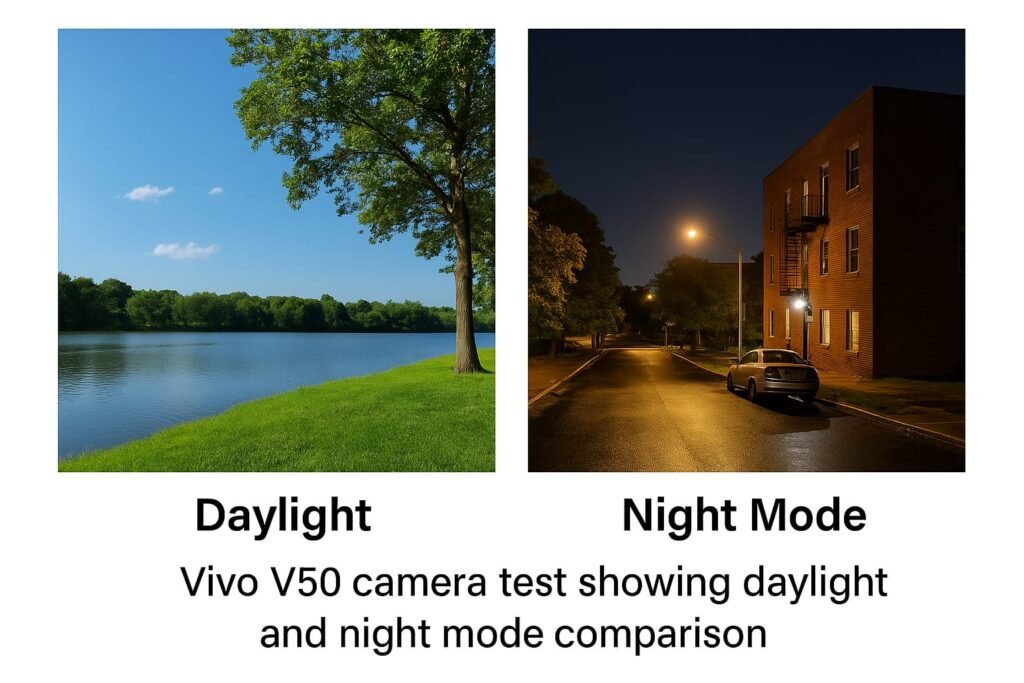 Vivo V50 camera test showing daylight and night mode comparison.