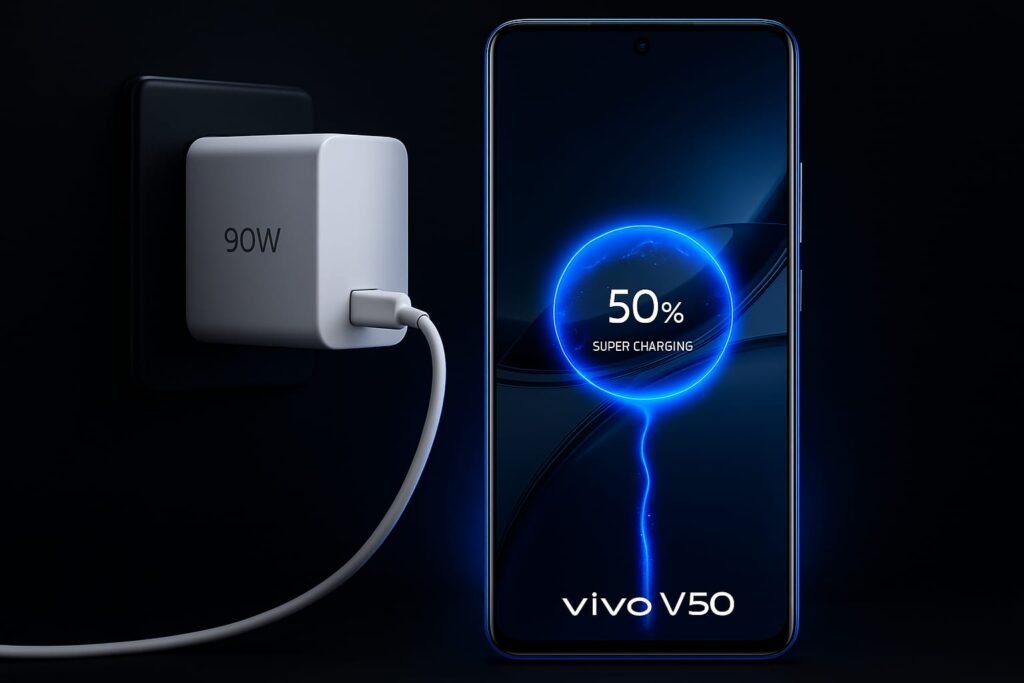 V50 charging with 90W fast charger showing fast charge percentage on screen.