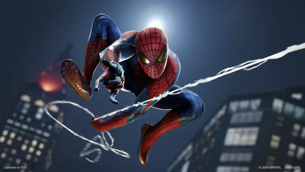 Official Marvel’s Spider-Man Remastered image from PlayStation.com showing Spider-Man swinging through the city at night.