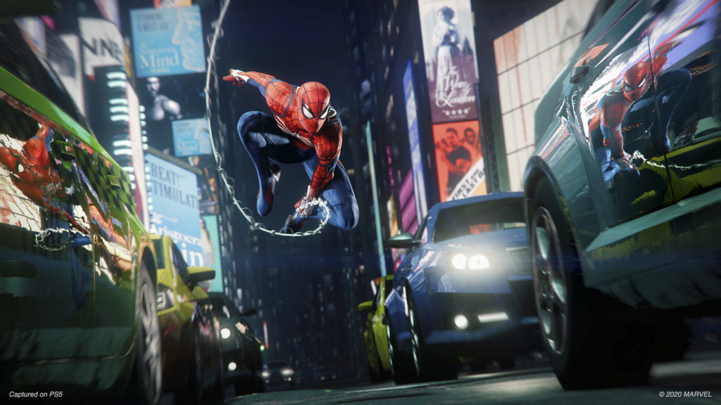 Official Marvel’s Spider-Man Remastered image from PlayStation.com showing Spider-Man swinging between cars at night.