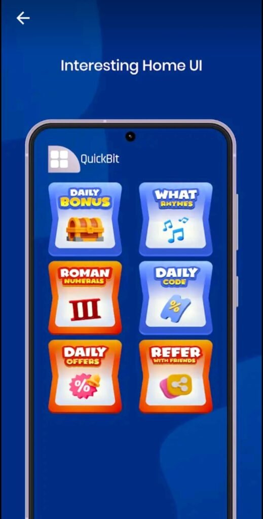 Online Earning Karne Ke Sabse Asaan Tarike ke QuickBit app ka home UI – daily bonus, quizzes aur refer options ke saath.