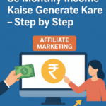 Affiliate marketing guide for generating monthly income, showing money, computer screen with rupee symbol, and growth chart.