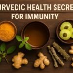 Ayurvedic Health Secrets for Immunity featuring herbal kadha, turmeric, ginger, tulsi, amla and giloy arranged on a wooden background.